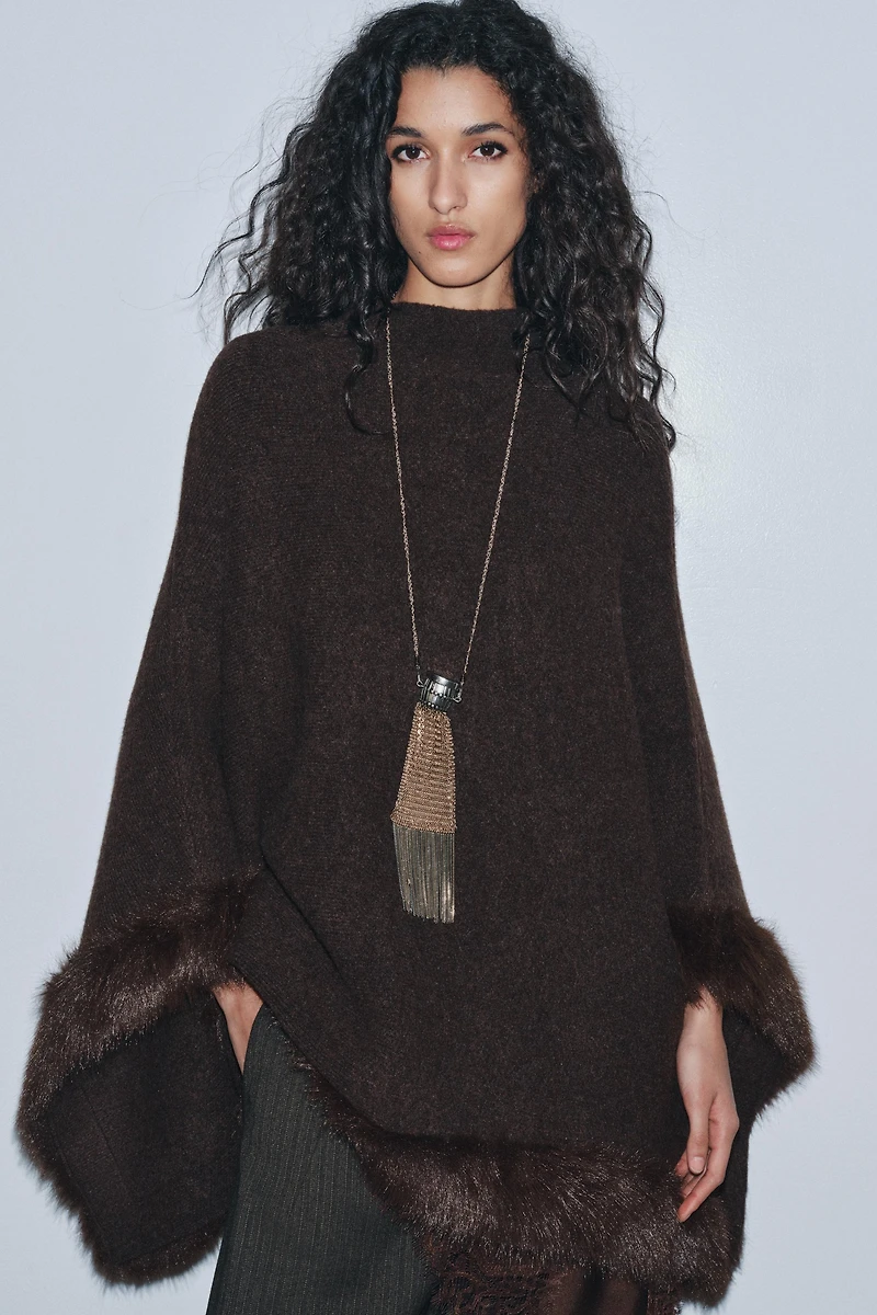 FAUX FUR KNIT CAPE PONCHO
