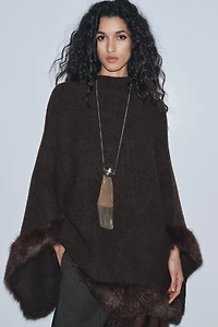 FAUX FUR KNIT CAPE PONCHO