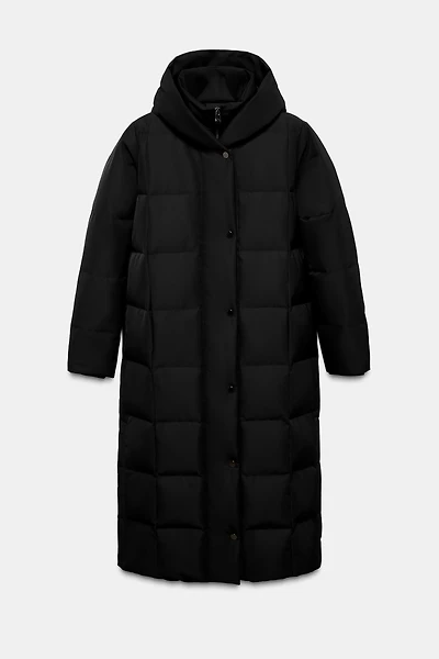LONG WATER REPELLENT WINDPROOF HOODED PUFFER COAT