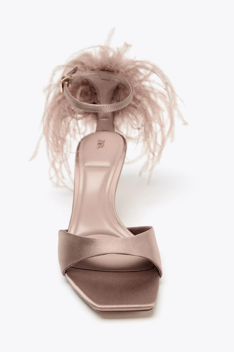 FAUX FEATHER HEELED SANDALS