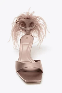 FAUX FEATHER HEELED SANDALS
