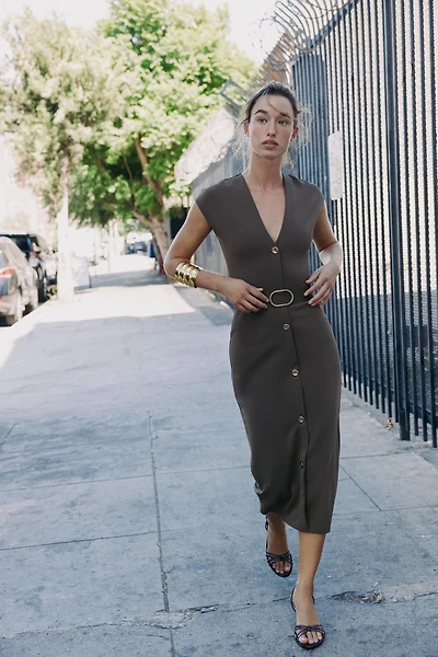 BELTED STRETCH MIDI DRESS