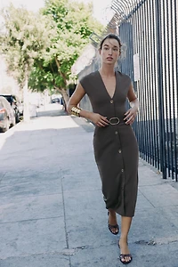 BELTED STRETCH MIDI DRESS