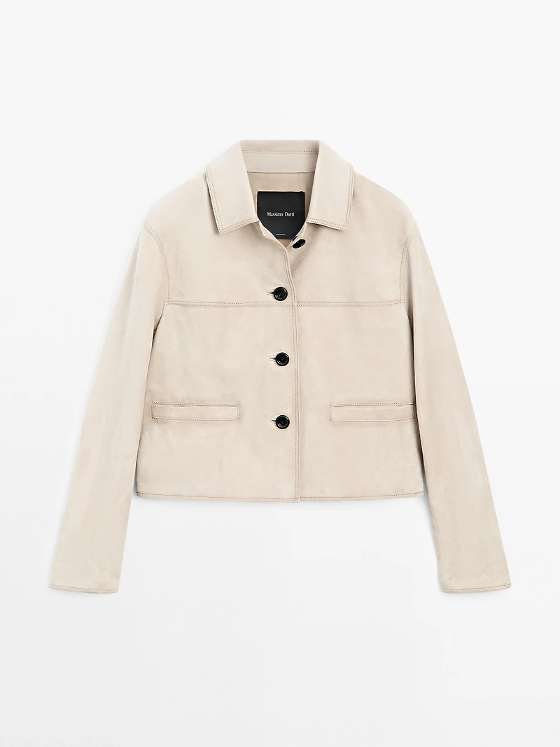 Short suede leather jacket with topstitching
