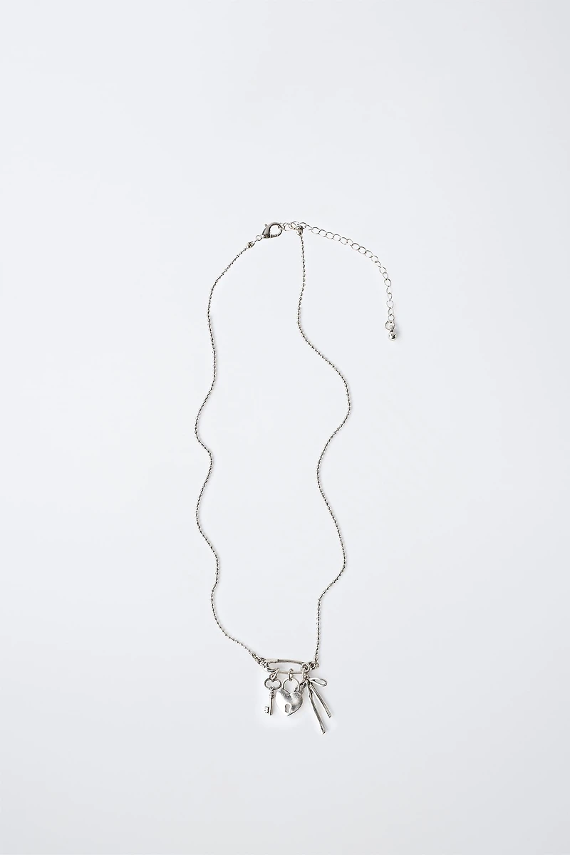 KEY, BOW, AND PADLOCK CHARM NECKLACE