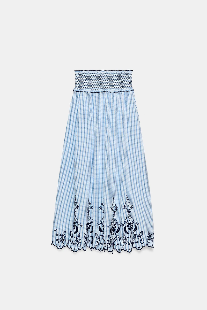 EMBROIDERED PLAID MIDI SKIRT