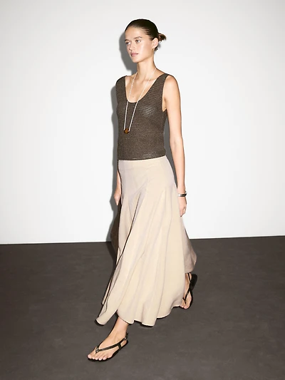 Flounce linen blend midi skirt