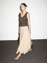 Flounce linen blend midi skirt