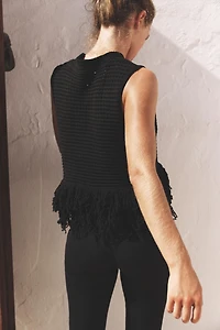 FRINGED CHECK KNIT TOP