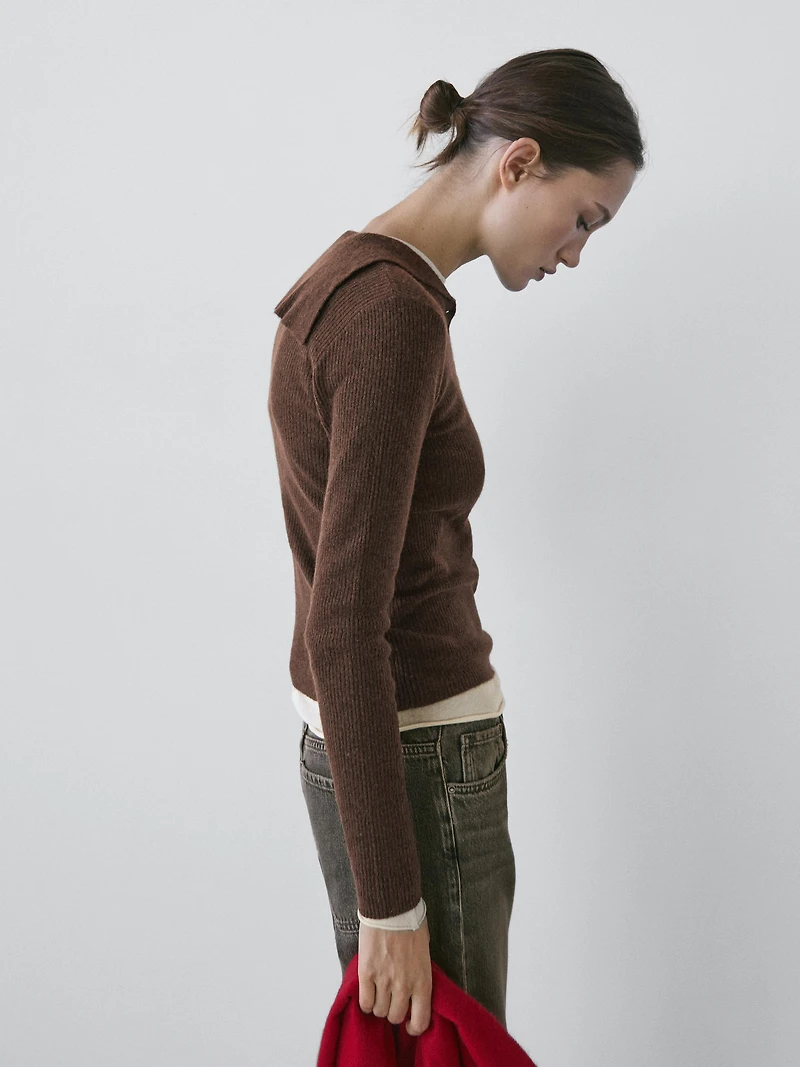 Melange knit polo sweater with collar detail