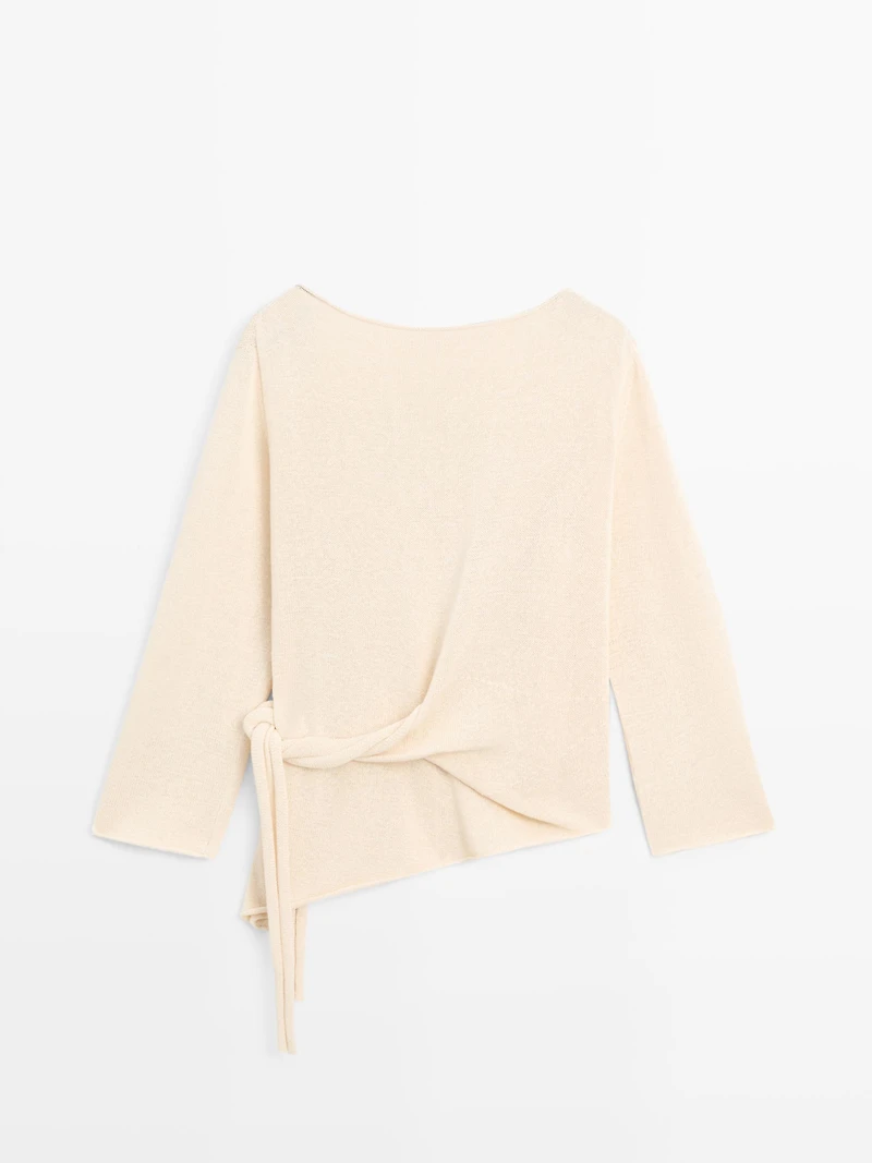Asymmetric linen blend sweater with tie detail