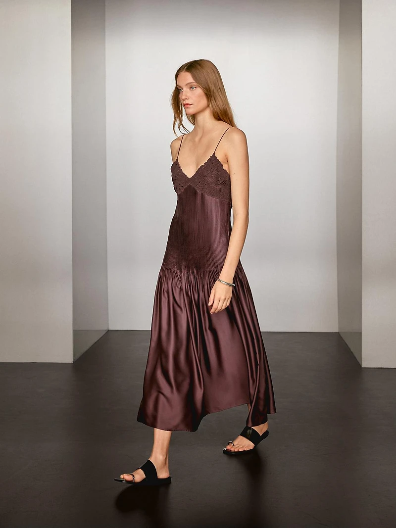 Flowing satin midi dress with straps