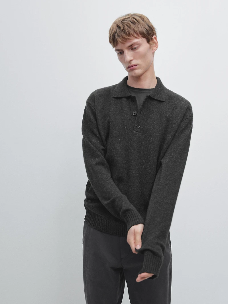 Wool blend knit polo sweater