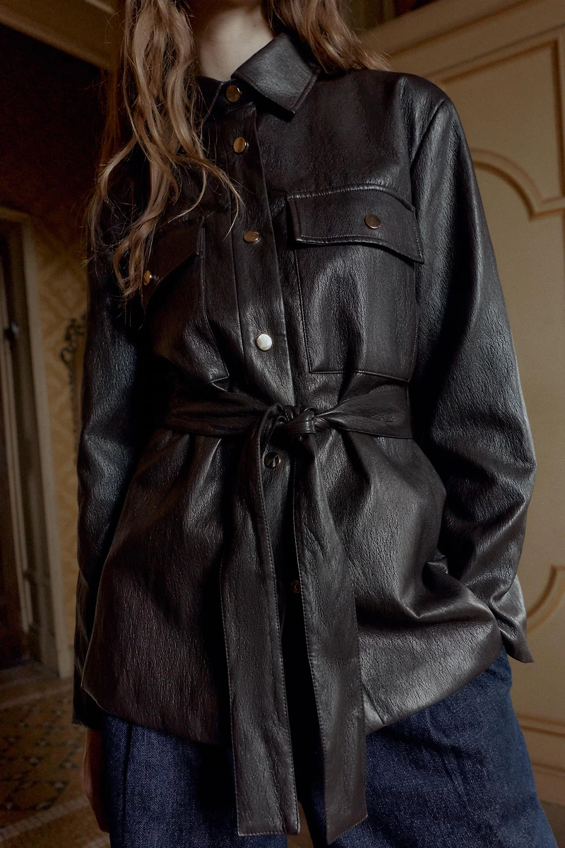 FAUX LEATHER LONG BELTED JACKET