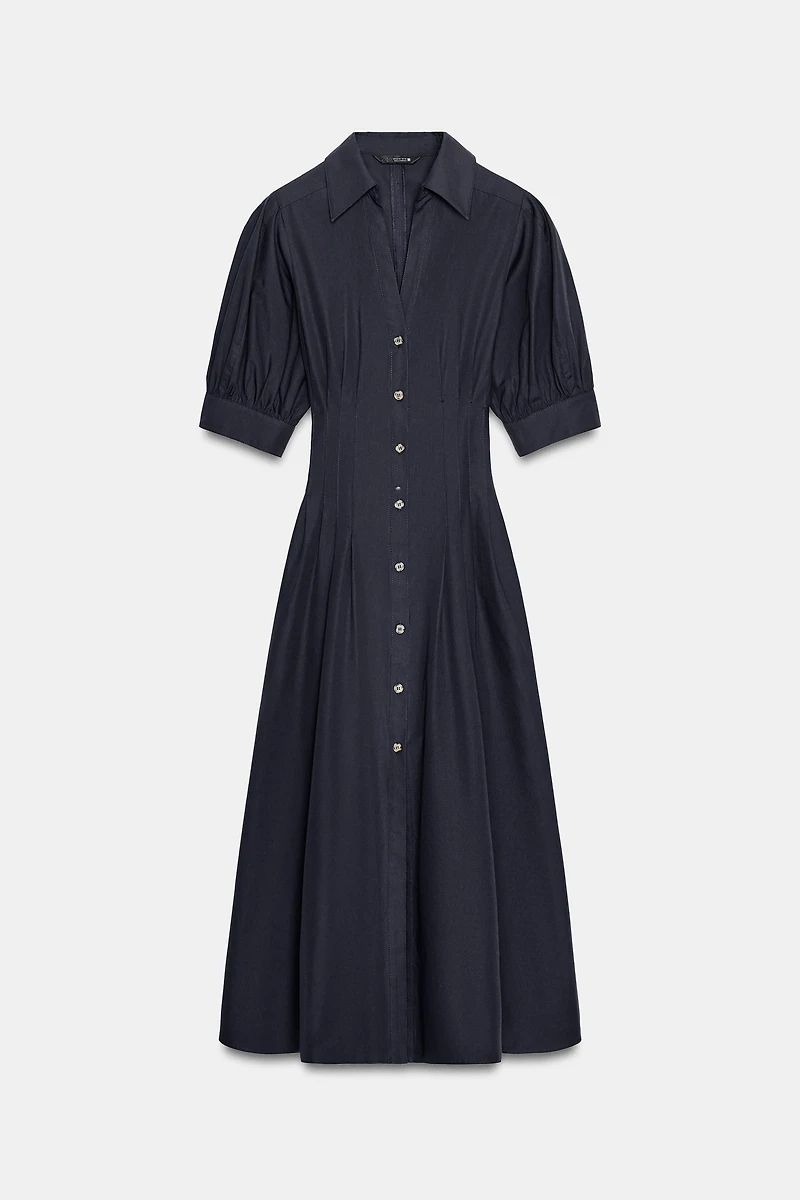 PUFF SLEEVE POPLIN MIDI DRESS