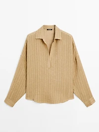 Linen blend open polo collar blouse