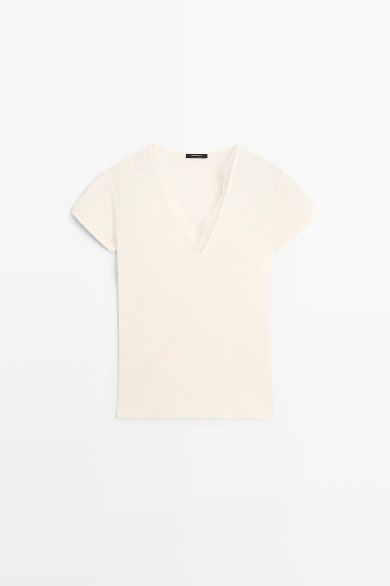 T-shirt col en V détails dentelle