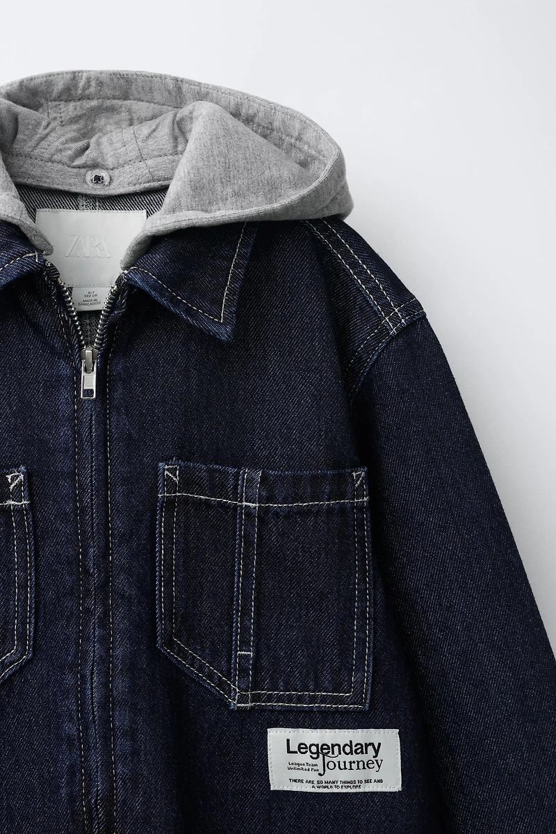 DENIM OVERSHIRT WITH DETACHABLE FLEECE HOOD