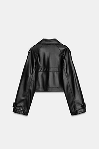 FAUX LEATHER SHORT TRENCH COAT