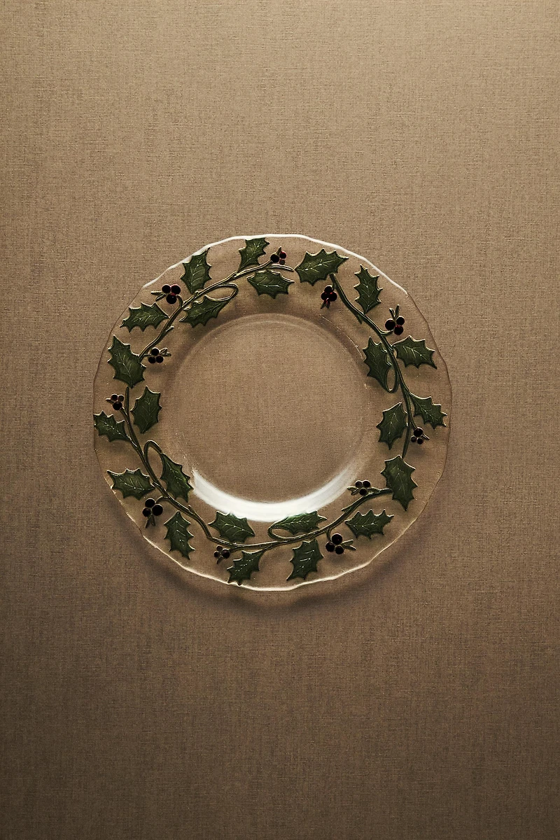 CHRISTMAS GLASS HOLLY LEAF DESSERT PLATE