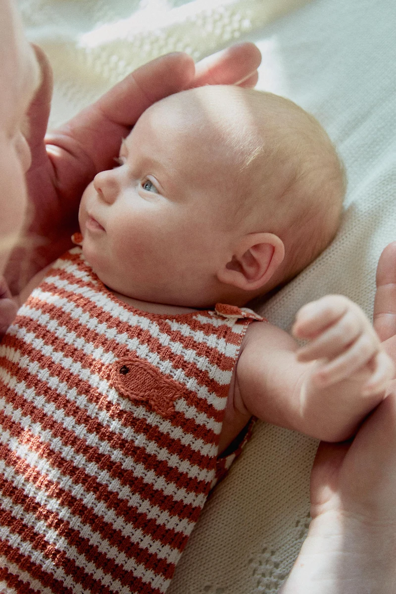 EMBROIDERED FISH STRIPED KNIT ROMPER