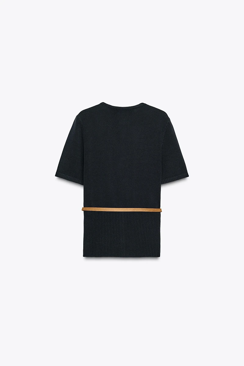 BELTED SHORT SLEEVE KNIT CARDIGAN