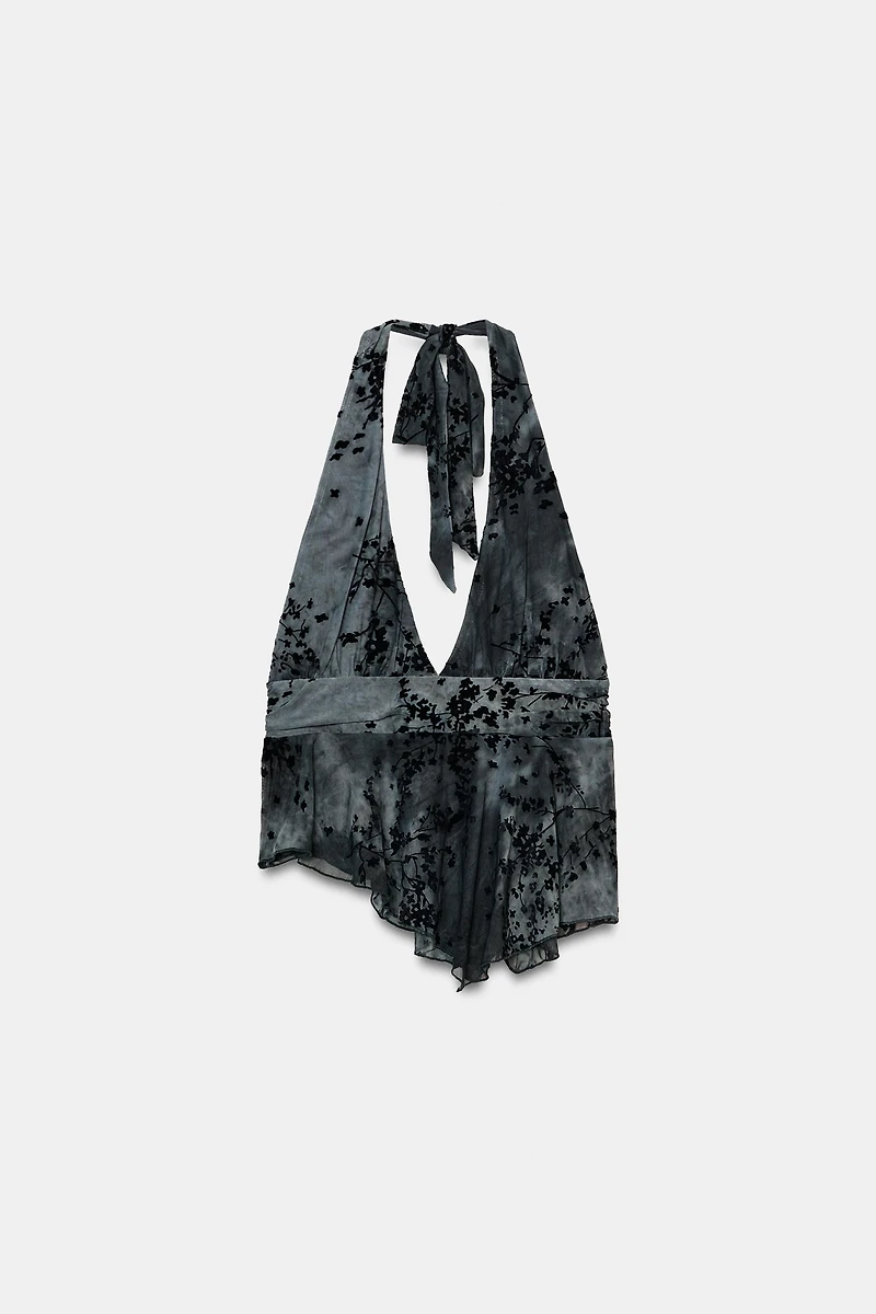 FLOCKED TULLE HALTER TOP