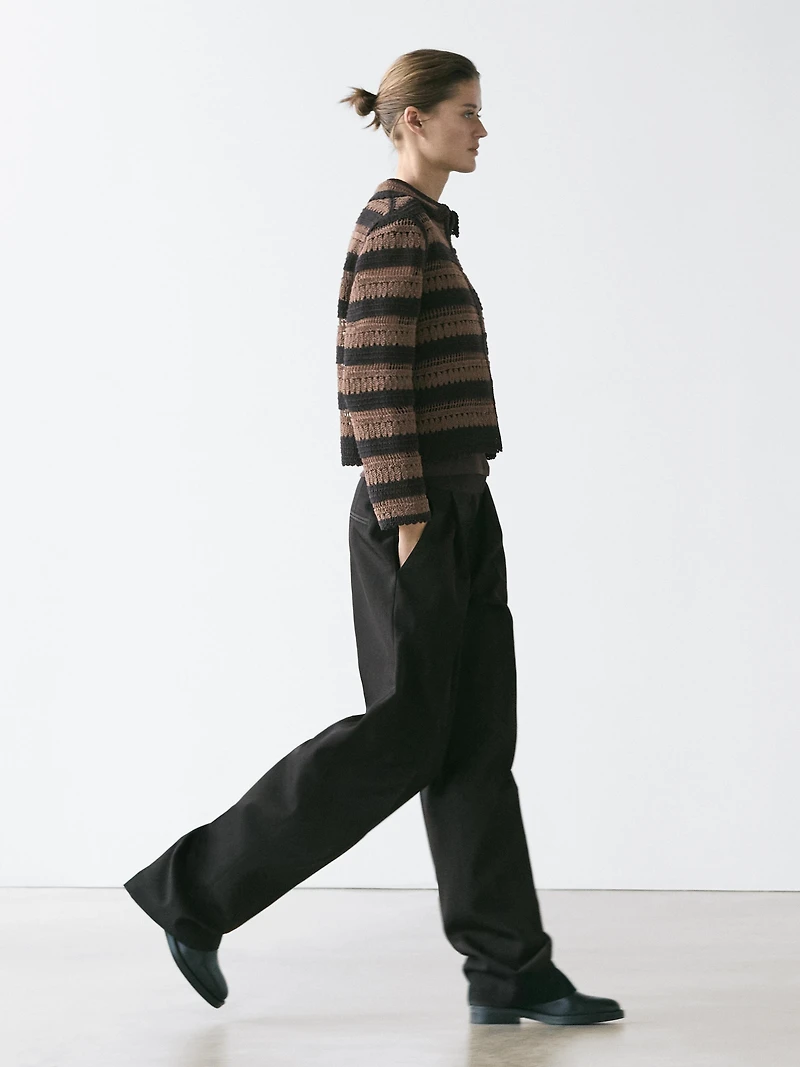 Short striped crochet knit cardigan