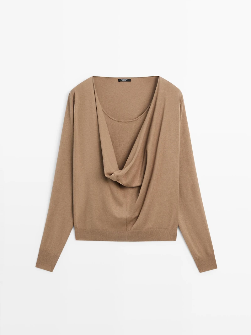 Cotton blend knit sweater with cowl neck