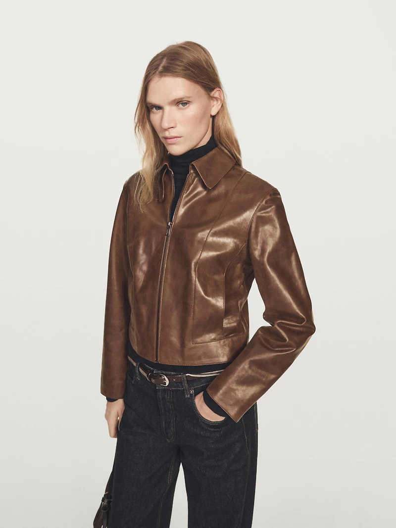 Blouson court en cuir nappa