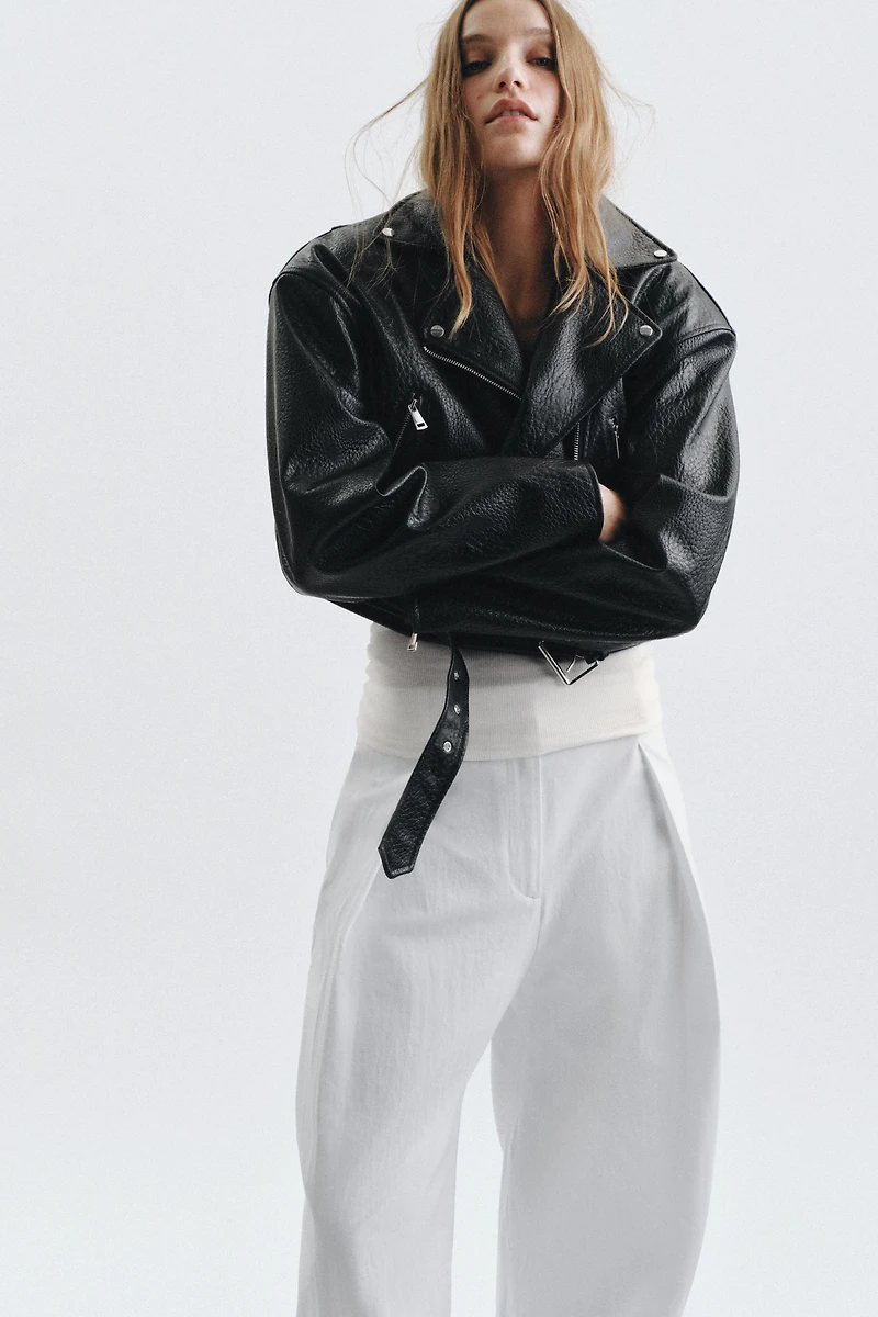 FAUX LEATHER BIKER JACKET WITH SHOULDER PADS