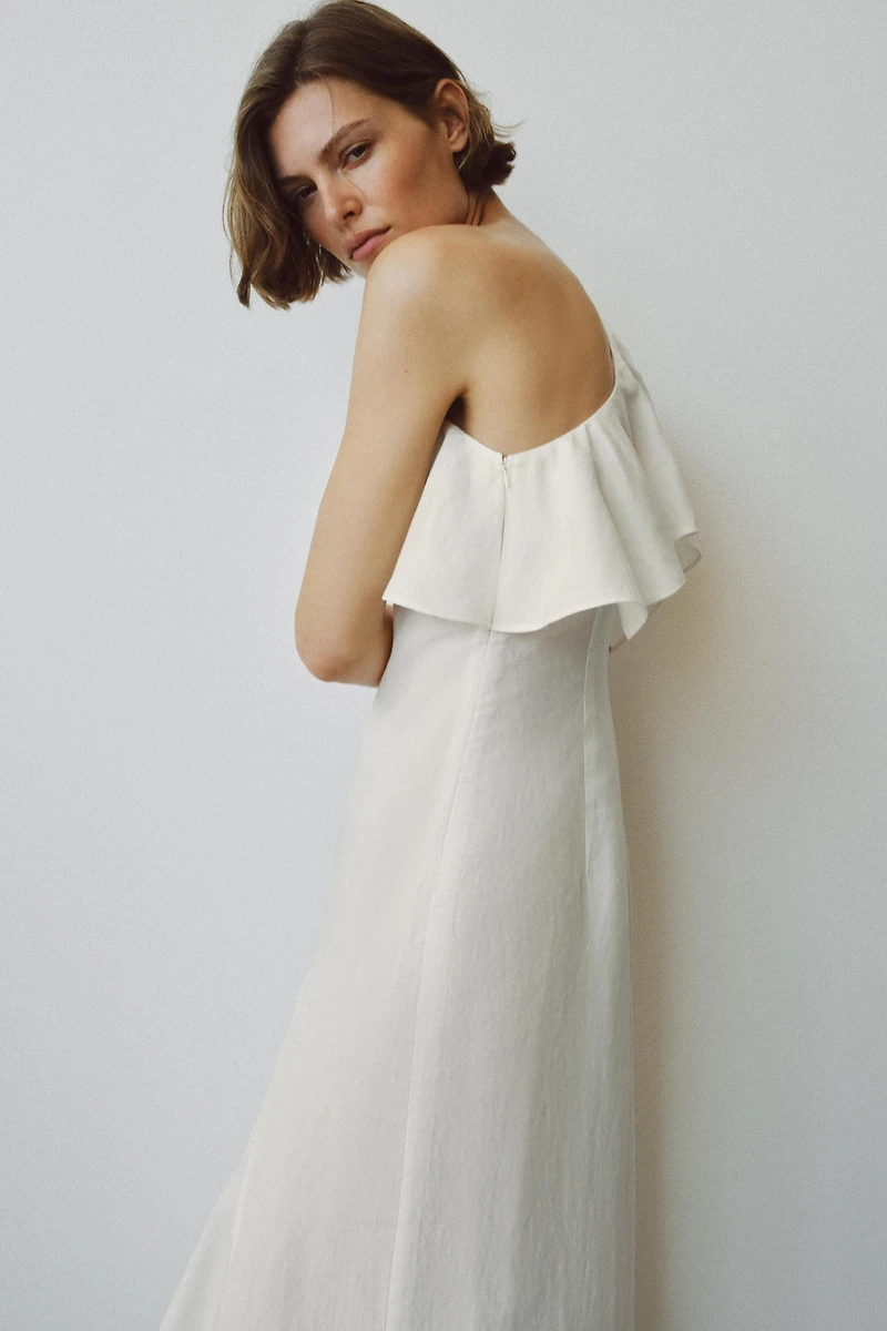 ASYMMETRIC RUFFLED LINEN BLEND DRESS ZW COLLECTION