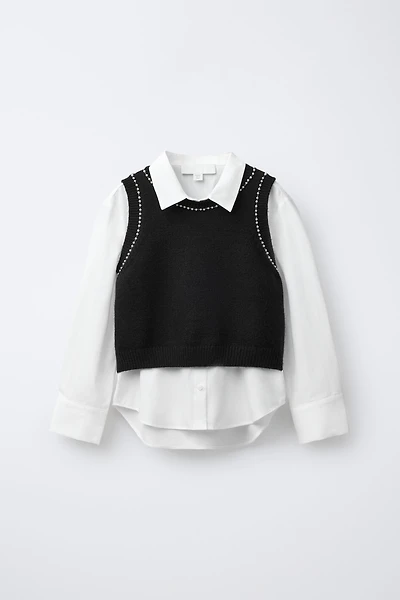 PLAIN SHIRT WITH PEARL KNIT VEST