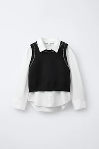 PLAIN SHIRT WITH PEARL KNIT VEST