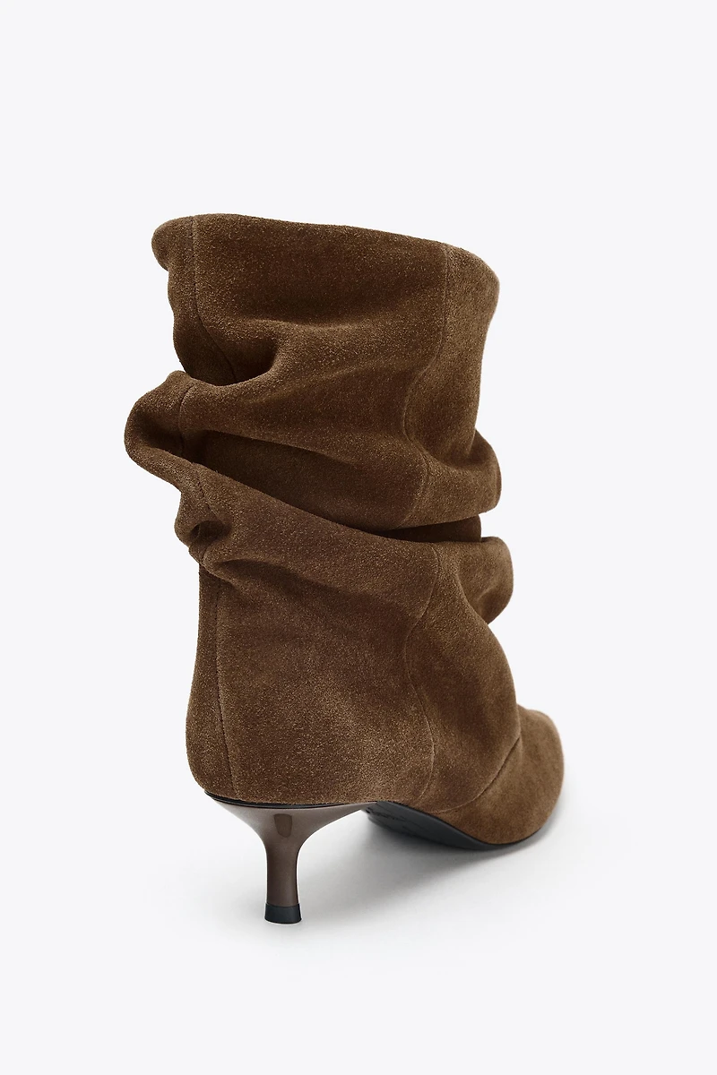 RUCHED SPLIT LEATHER ANKLE BOOTS