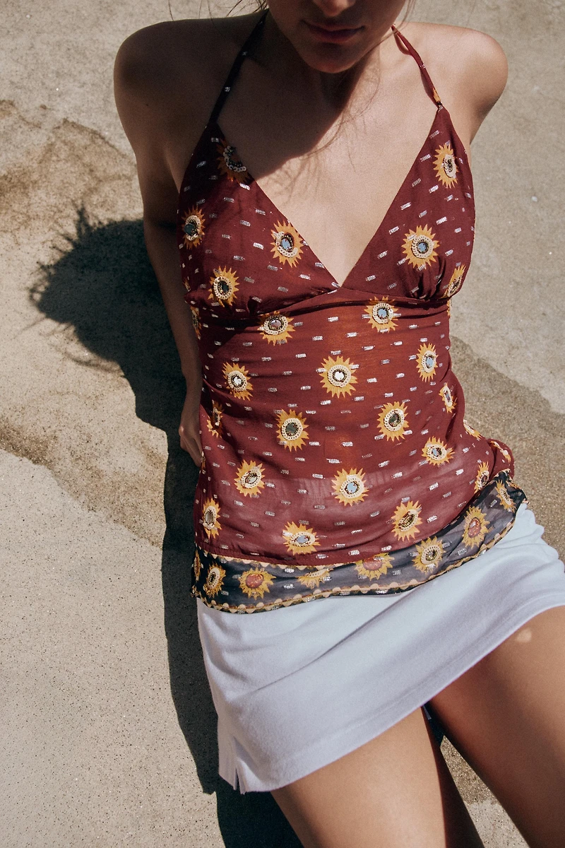 BEADED PRINT GEORGETTE HALTER TOP