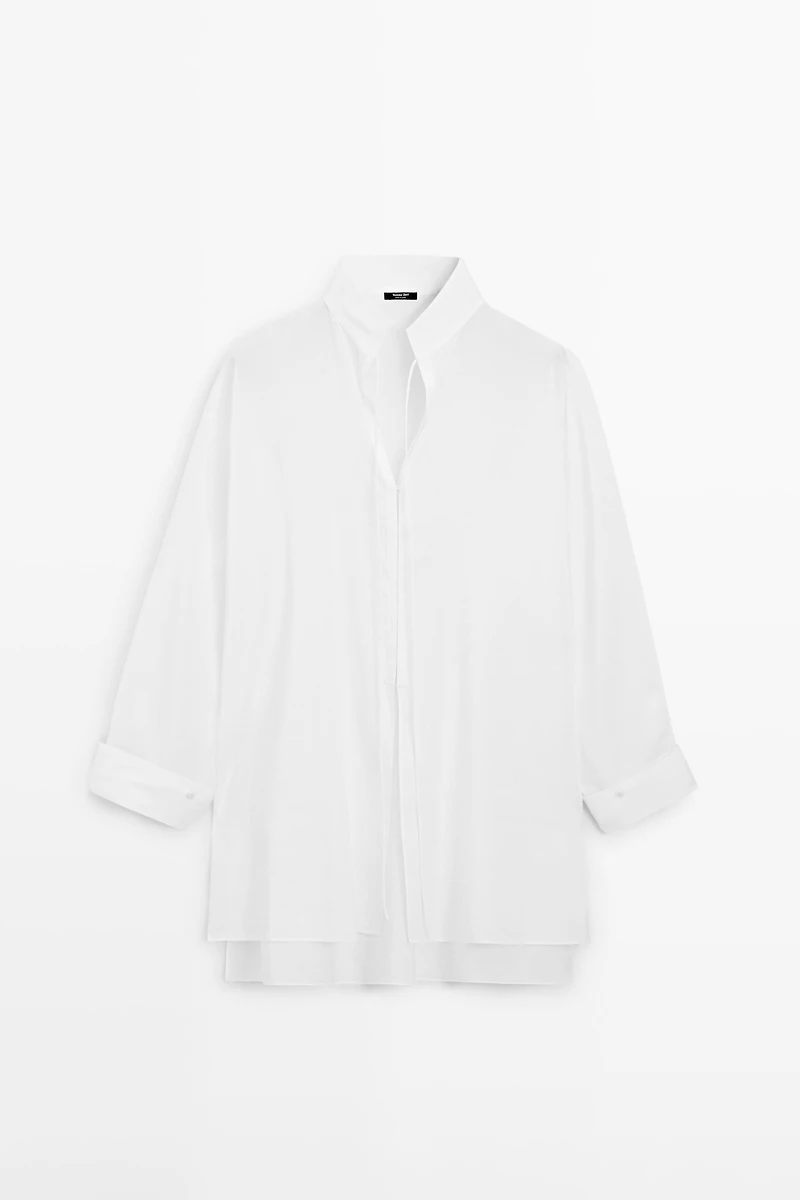 Flowing linen blend shirt with stand collar