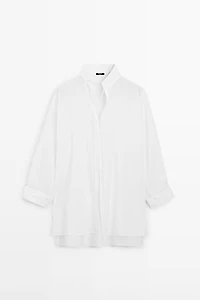 Flowing linen blend shirt with stand collar