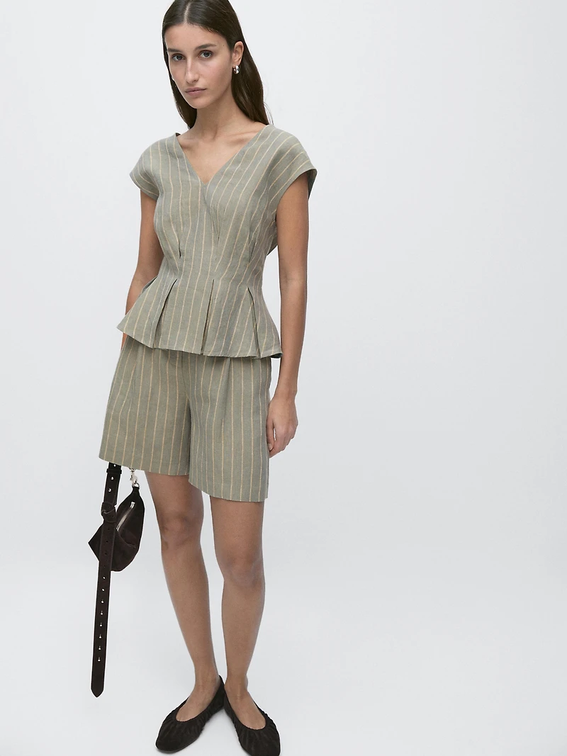 100% linen striped top with pleated details