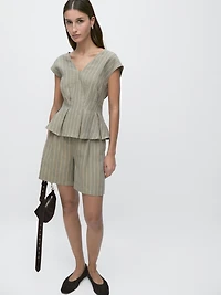 100% linen striped top with pleated details