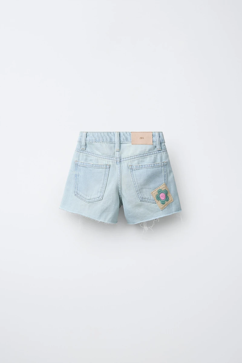 CROCHET PATCH DENIM SHORTS
