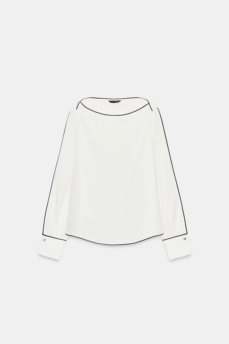 CONTRAST PIPING CREPE BLOUSE