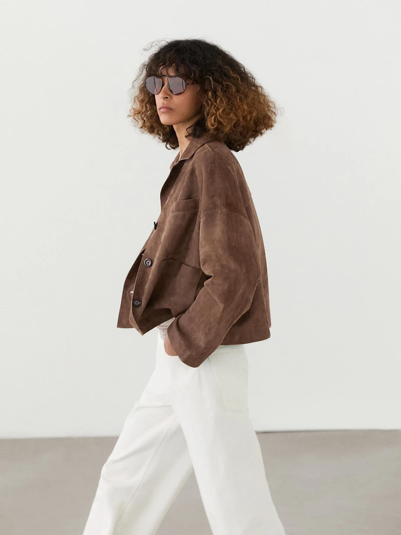 Flowing leather jacket with suede finish