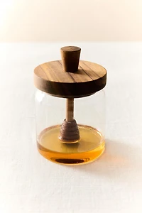 BOROSILICATE GLASS AND WOOD HONEY JAR
