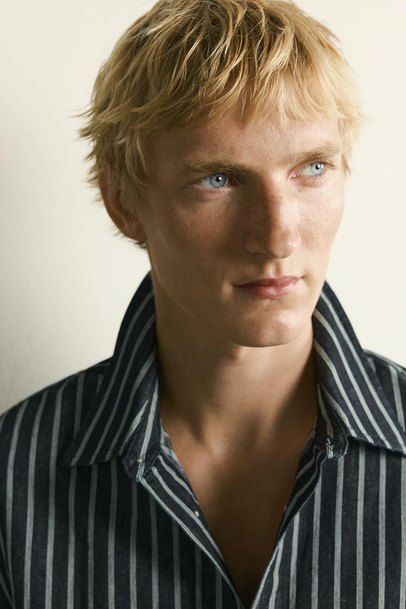 STRIPED COTTON-LINEN DENIM SHIRT
