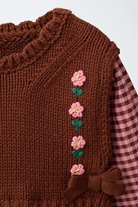 GINGHAM COMBINATION DRESS WITH EMBROIDERED FLOWERS