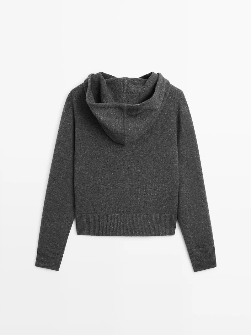 Wool blend zip-up cardigan with hood