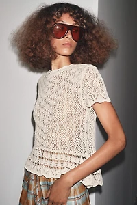 SHORT SLEEVE POINTELLE KNIT TOP