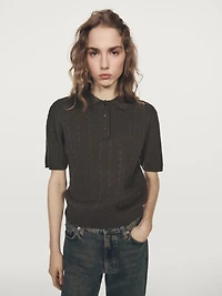 Short sleeve cable-knit polo shirt