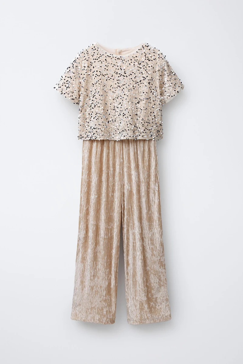 LONG SEQUIN AND VELVET JUMPSUIT